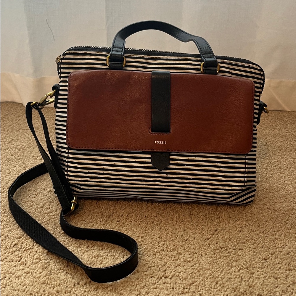 Fossil Black and White Striped Bag with Brown Leather Flap